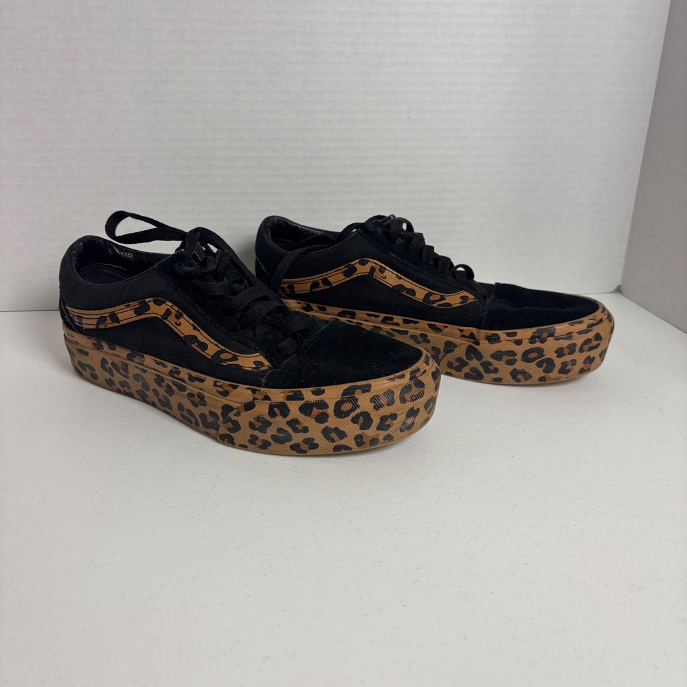 Vans Old Skool Stacked Sneakers Womens 6.5 Black Leopard Print Platform Shoes